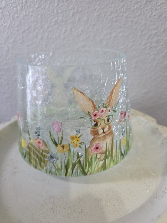 Yankee Candle Jar Shade J/S Clear Crackle Glass Spring  Yankee Candle Clear Crackle Jar Shade J/S Spring BUNNY WITH GLASSES flowers